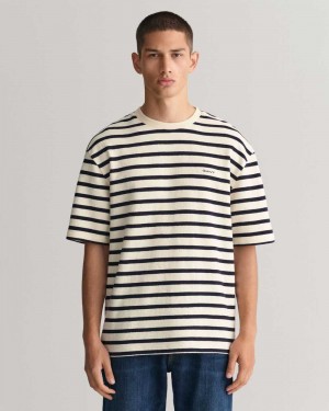 Gant Textured Striped Men's T-Shirt Cream | ROGBK-7893