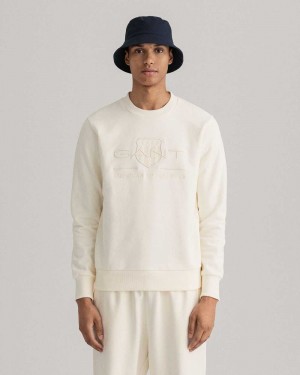 Gant Tonal Archive Shield Crew Neck Men's Sweatshirts Beige White | MNUSR-0719