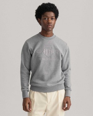 Gant Tonal Archive Shield Crew Neck Men's Sweatshirts Grey Melange | YBAXC-0487