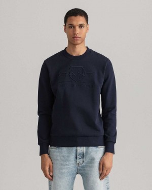 Gant Tonal Archive Shield Crew Neck Men's Sweatshirts Evening Blue | BEWJQ-3914