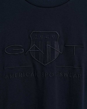 Gant Tonal Archive Shield Long Sleeve Men's T-Shirt Evening Blue | BSZNI-5831