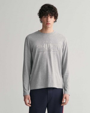 Gant Tonal Archive Shield Long Sleeve Men's T-Shirt Grey Melange | BCIKD-0295