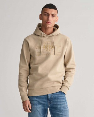 Gant Tonal Archive Shield Men's Hoodie Concrete Beige | BXQMC-6759