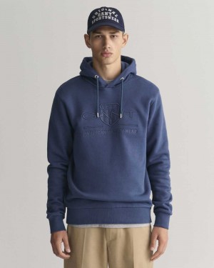 Gant Tonal Archive Shield Men's Hoodie Dusty Blue Sea | CFRSL-3085