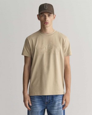 Gant Tonal Archive Shield Men's T-Shirt Concrete Beige | PWSQR-7230