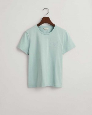 Gant Tonal Archive Shield Women's T-Shirt Dusty Turquoise | LQYOS-6738