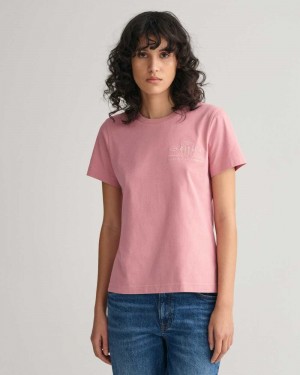 Gant Tonal Archive Shield Women's T-Shirt Faded Pink Melange | ASFCB-4927