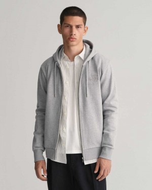 Gant Tonal Archive Shield Zip Men's Hoodie Grey Melange | DMSCJ-5396