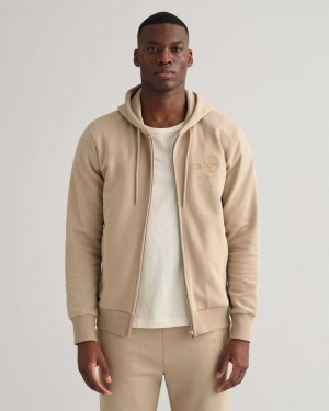 Gant Tonal Shield Zip Men's Hoodie Concrete Beige | ATNYI-5724