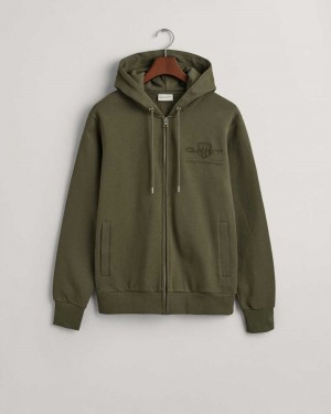 Gant Tonal Shield Zip Men's Hoodie Racing Green | ZXYJO-8164