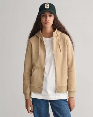 Gant Tonal Shield Zip Women's Hoodie Dark Khaki | TRPEV-8429