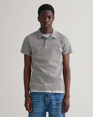 Gant Waffle Texture Piqué Men's Polo Shirt Grey Melange | XSMOT-1264