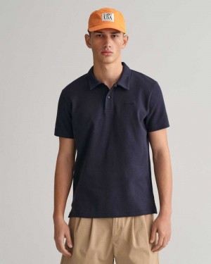 Gant Waffle Texture Piqué Men's Polo Shirt Evening Blue | FIUGM-6859