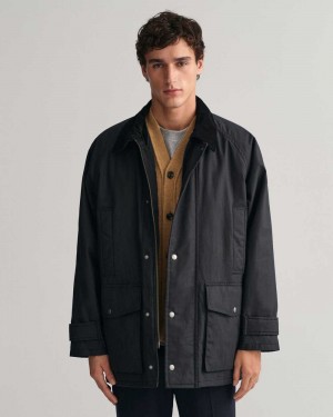 Gant Waxed Cotton Men's Jackets Black | UFHIW-8725