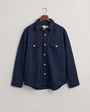 Gant Wool Blend Over Men's Shirts Marine | LFAEC-7801