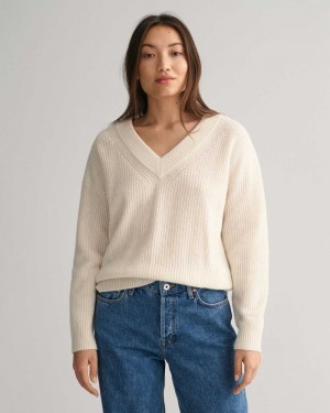 Gant Wool Ribbed V-Neck Women's Sweater Cream | OCVLM-9713