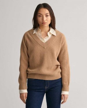 Gant Wool Ribbed V-Neck Women's Sweater Dark Khaki | WMYDI-9487