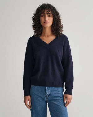 Gant Wool Ribbed V-Neck Women's Sweater Evening Blue | LSXCP-4082