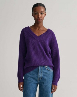 Gant Wool Ribbed V-Neck Women's Sweater Pansy Purple | RDSJH-4320