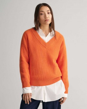 Gant Wool Ribbed V-Neck Women's Sweater Pumpkin Orange | SEKZM-7804