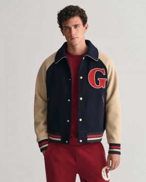 Gant Wool Varsity Men's Jackets Evening Blue | SNKTV-6781