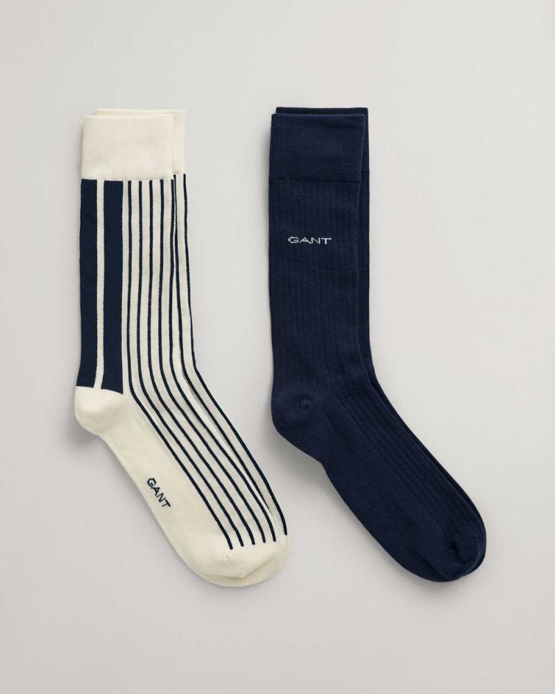 Gant 2-Pack Striped Ribbed Men\'s Socks Evening Blue | SOKZM-2965