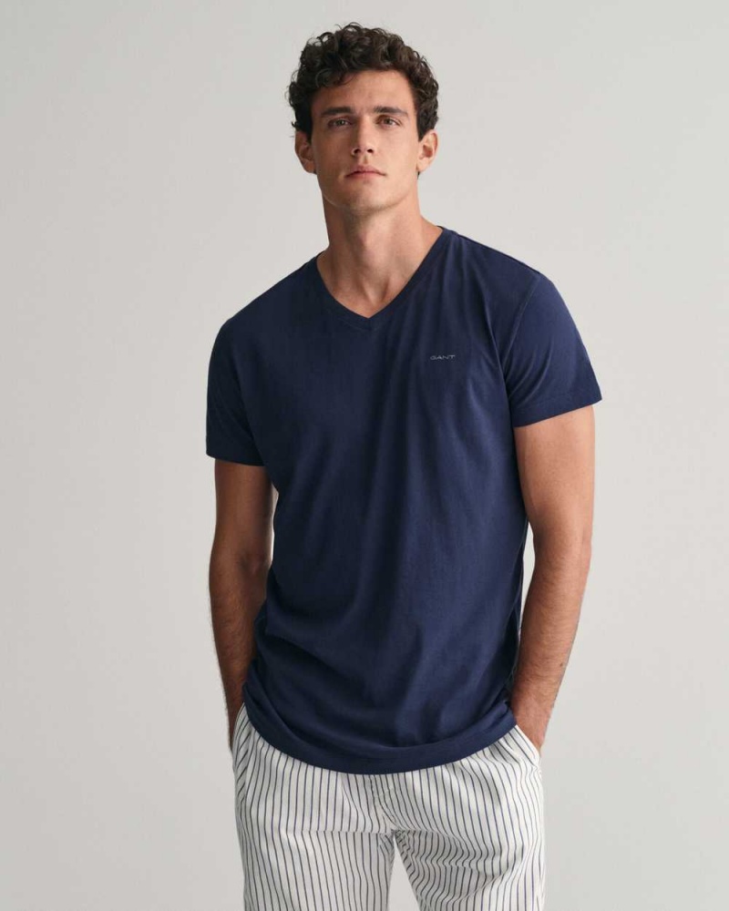 Gant 2-Pack V-Neck Men's T-Shirt Navy White | DOGTJ-7804