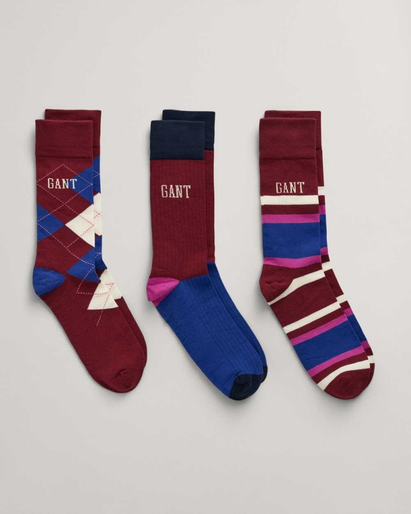 Gant 3-Pack Argyle & Stripe Gift Box Men's Socks Plumped Red | FRWEG-4967