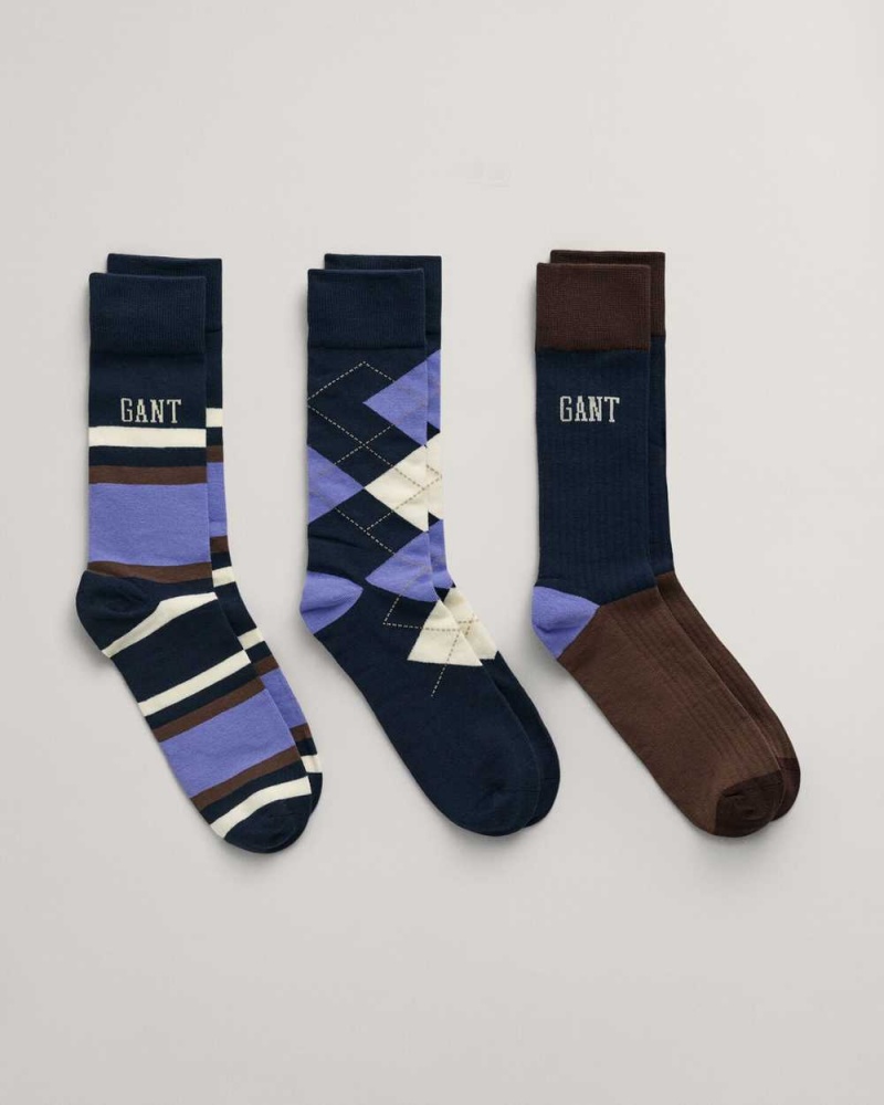 Gant 3-Pack Argyle & Stripe Gift Box Men's Socks Evening Blue | YZIJO-1037