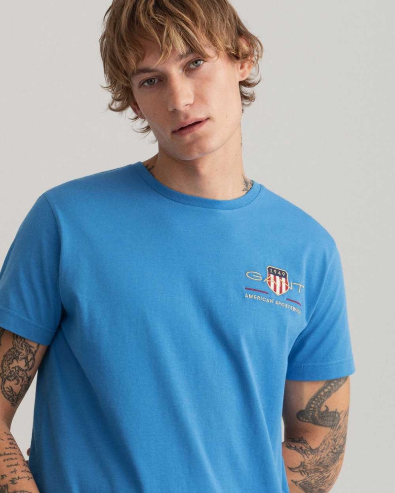 Gant Archive Shield Embroidery Men's T-Shirt Day Blue | IECTB-7041