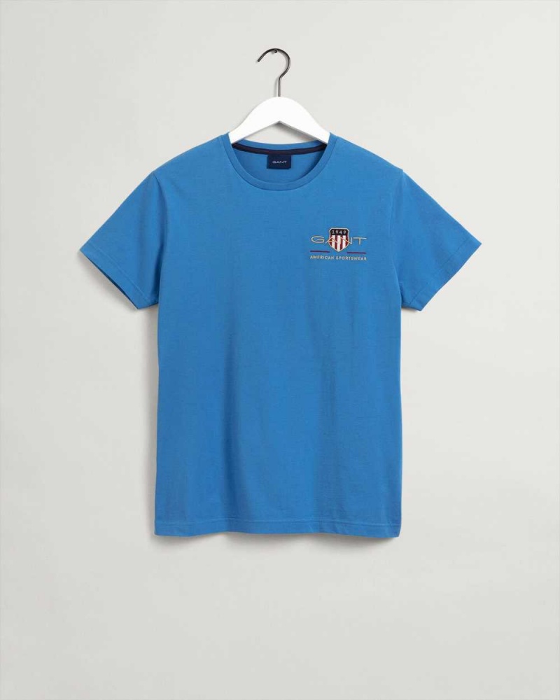 Gant Archive Shield Embroidery Men's T-Shirt Day Blue | IECTB-7041