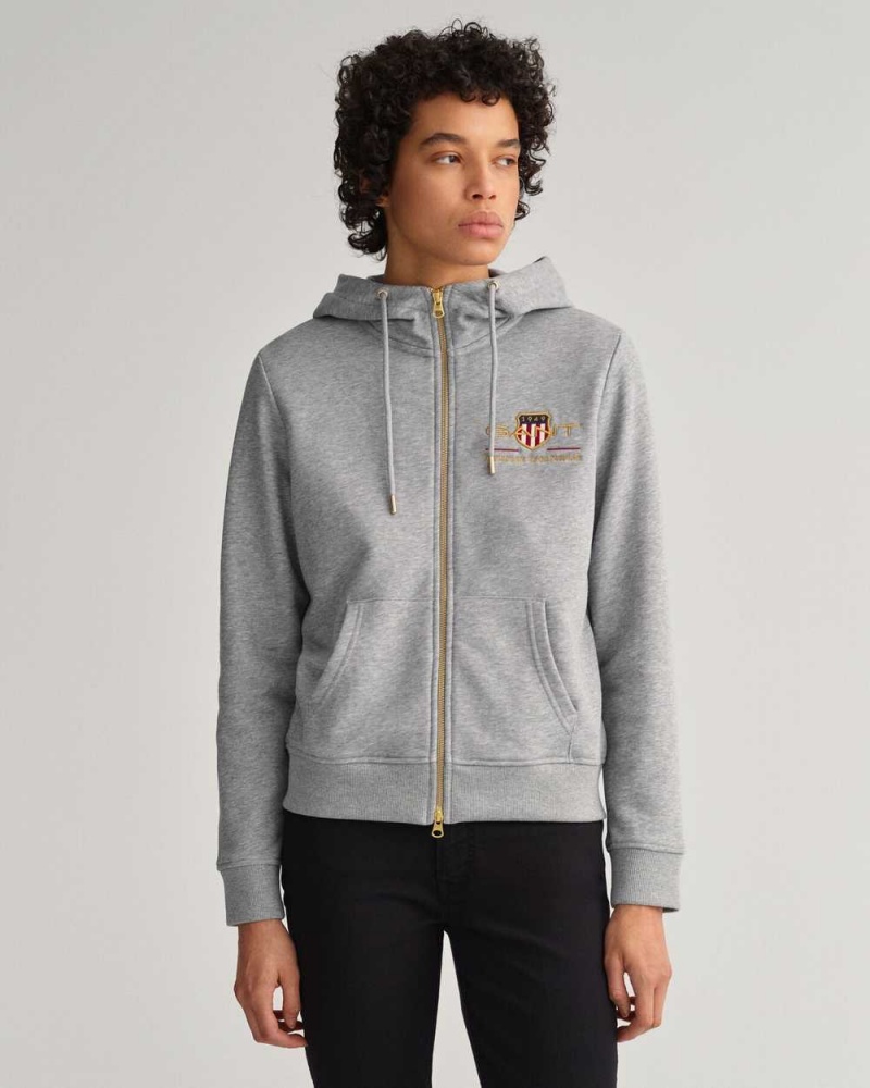 Gant Archive Shield Full-Zip Women's Hoodie Grey Melange | QNVXP-2491