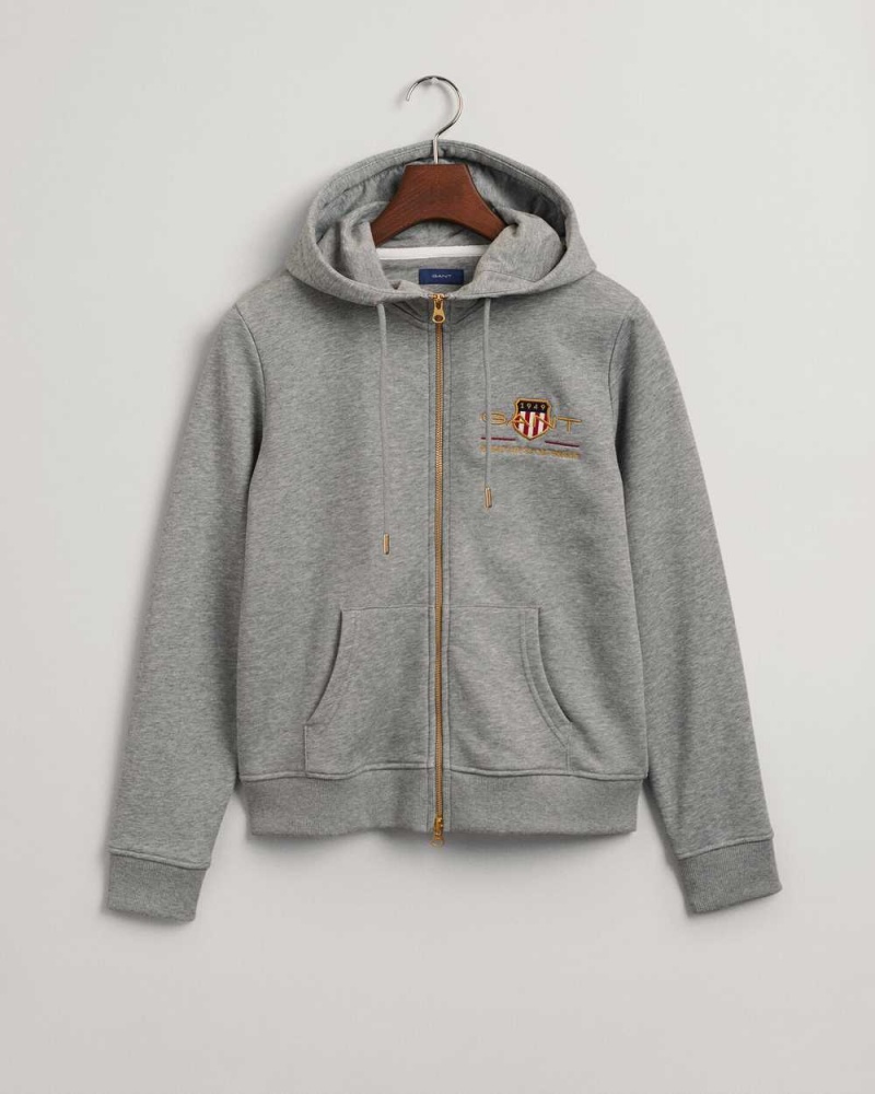 Gant Archive Shield Full-Zip Women's Hoodie Grey Melange | QNVXP-2491