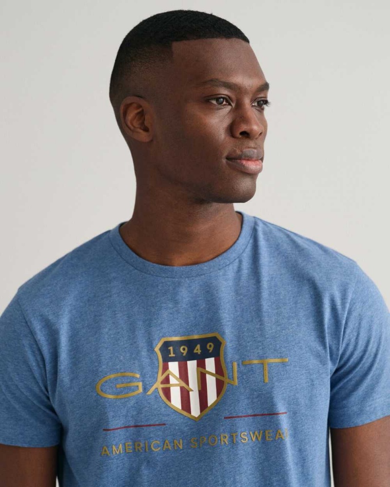 Gant Archive Shield Men's T-Shirt Denim Blue Melange | JFEYC-1084