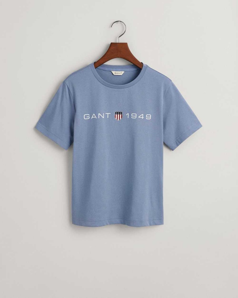 Gant Archive Shield Print Women\'s T-Shirt Blue Water | MPDZV-3415