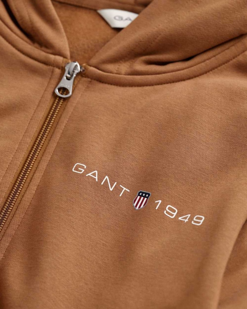 Gant Archive Shield Print Zip Women's Hoodie Brown | AFNXJ-6219