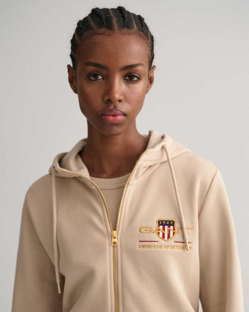 Gant Archive Shield Zip Women's Hoodie Dry Sand | AHRTE-4862