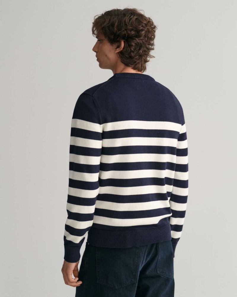 Gant Breton Striped Crew Neck Men's Sweater Evening Blue | BQASE-2459