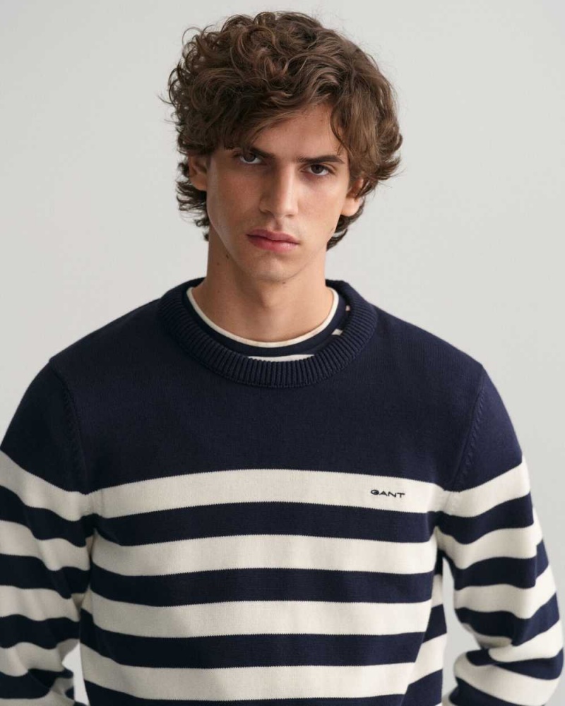 Gant Breton Striped Crew Neck Men's Sweater Evening Blue | BQASE-2459