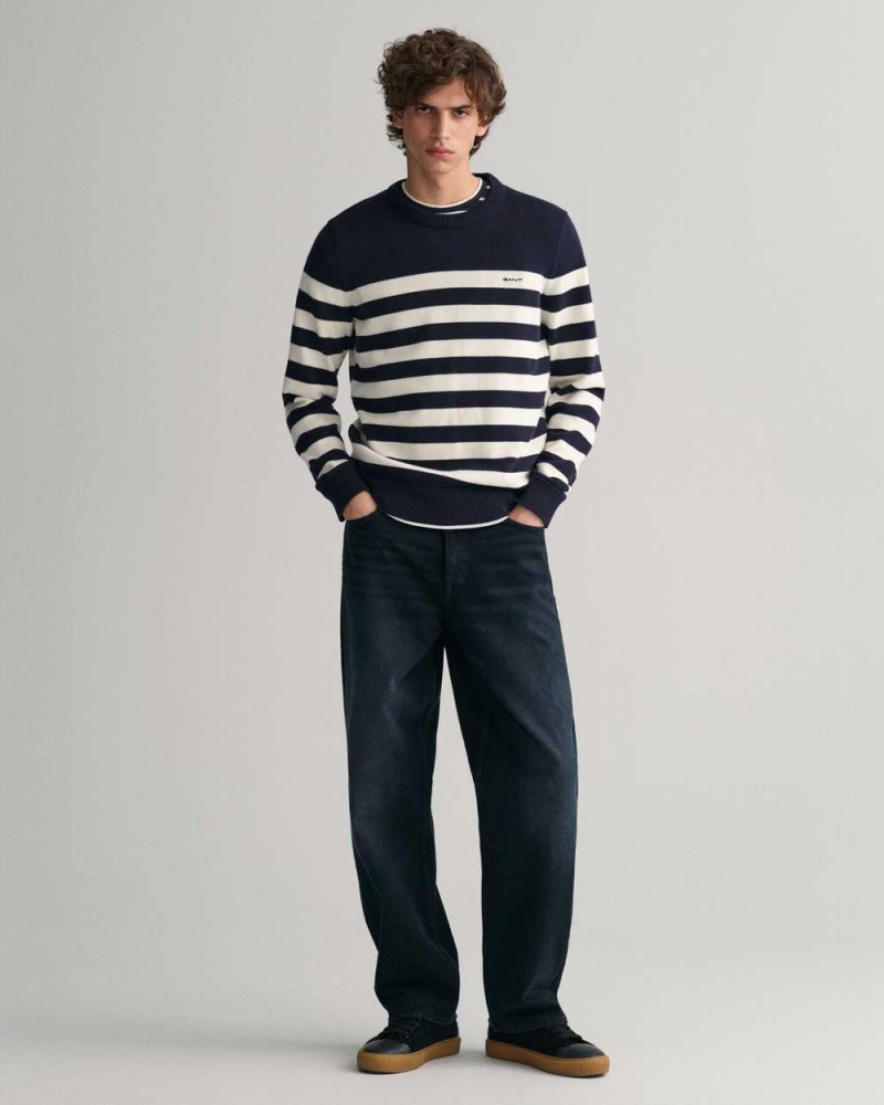 Gant Breton Striped Crew Neck Men's Sweater Evening Blue | BQASE-2459