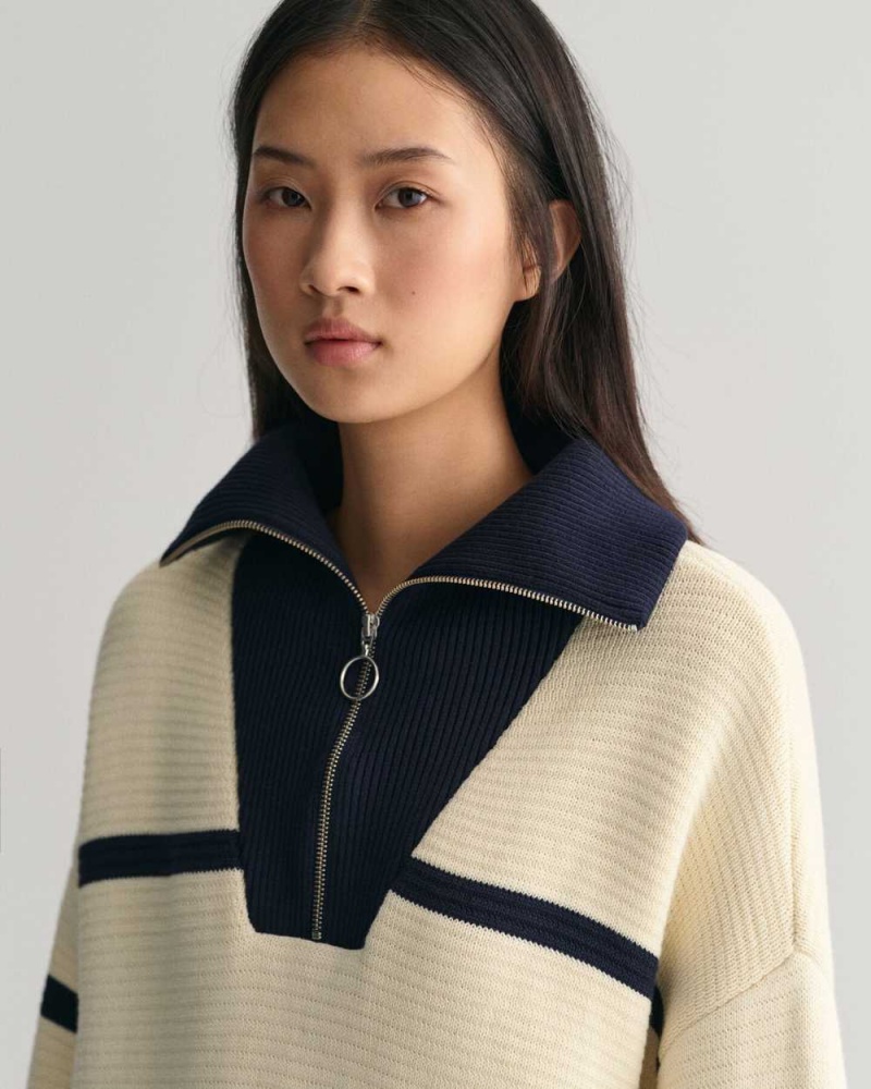 Gant Breton Striped Half-Zip Women's Sweater Cream | DLTZF-7594