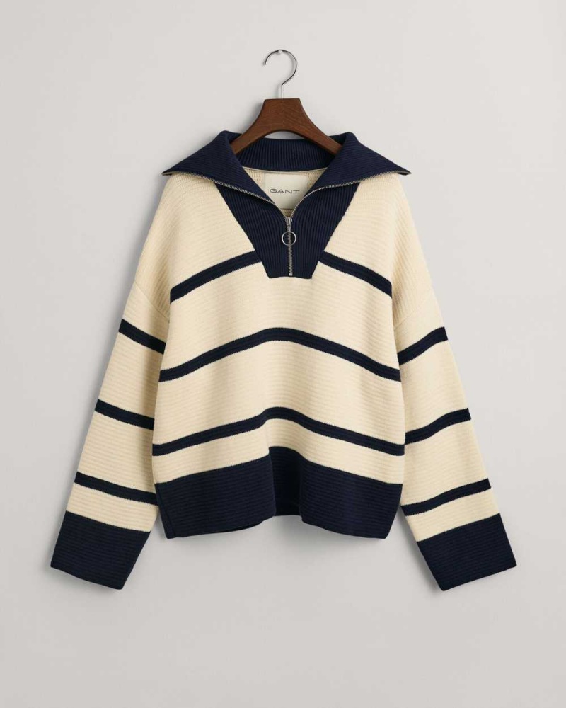 Gant Breton Striped Half-Zip Women's Sweater Cream | DLTZF-7594