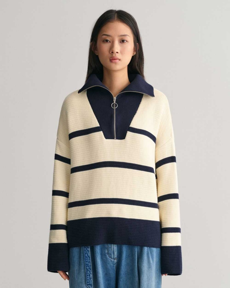 Gant Breton Striped Half-Zip Women\'s Sweater Cream | DLTZF-7594