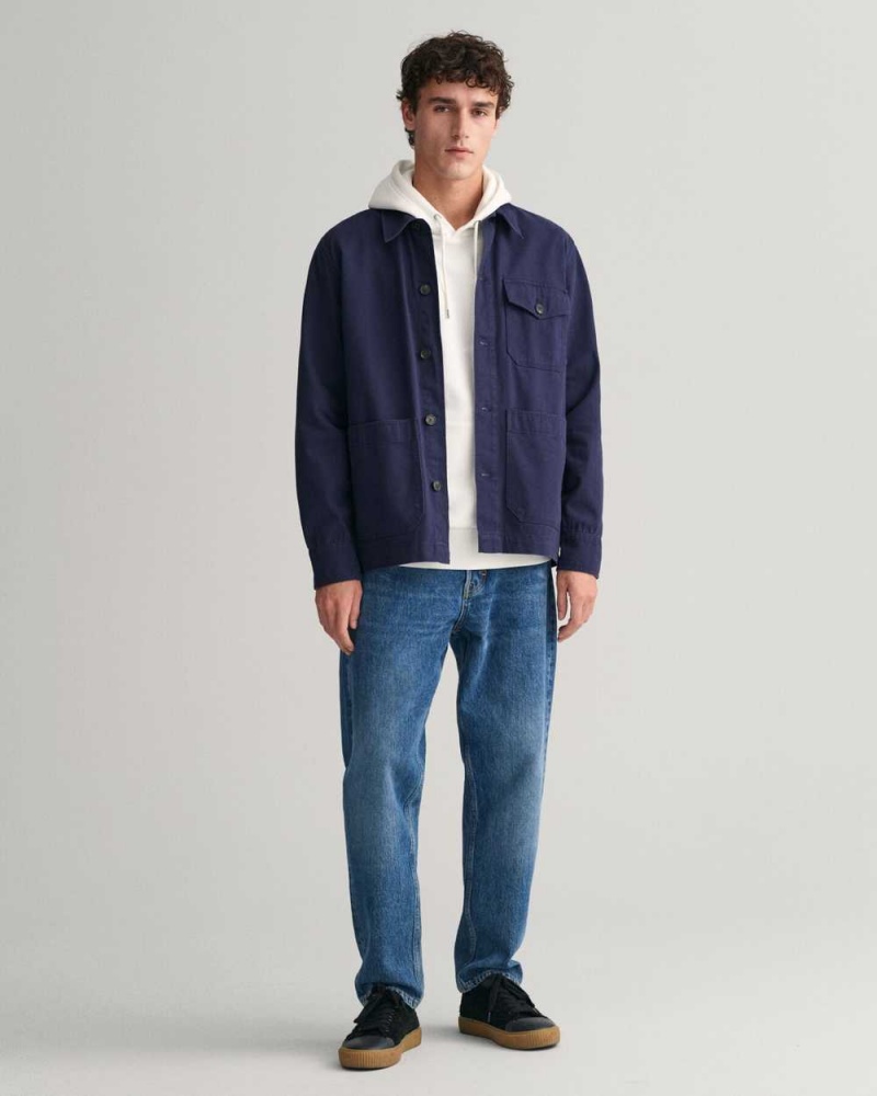 Gant Brushed Twill Over Men's Shirts Marine | CVUTJ-2670