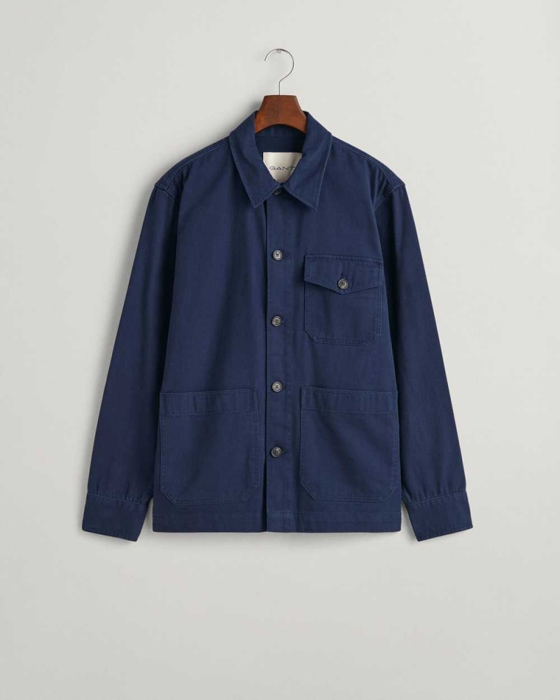 Gant Brushed Twill Over Men's Shirts Marine | CVUTJ-2670