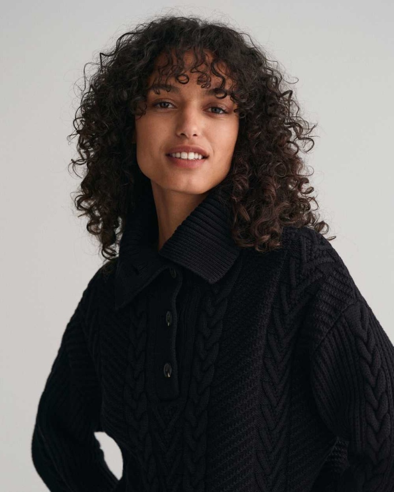 Gant Cable Knit Buttoned Turtleneck Women's Sweater Ebony Black | TXERY-0876