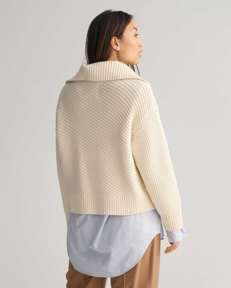 Gant Cable Knit Buttoned Turtleneck Women's Sweater Cream | RVHUM-3918