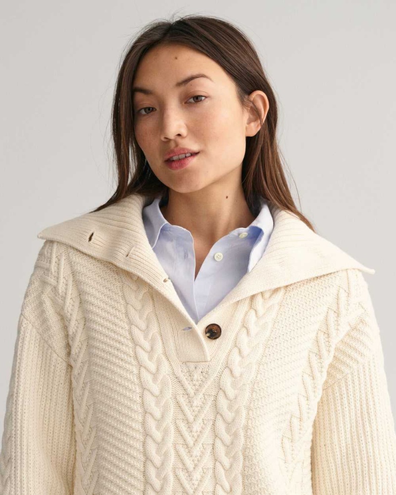 Gant Cable Knit Buttoned Turtleneck Women's Sweater Cream | RVHUM-3918