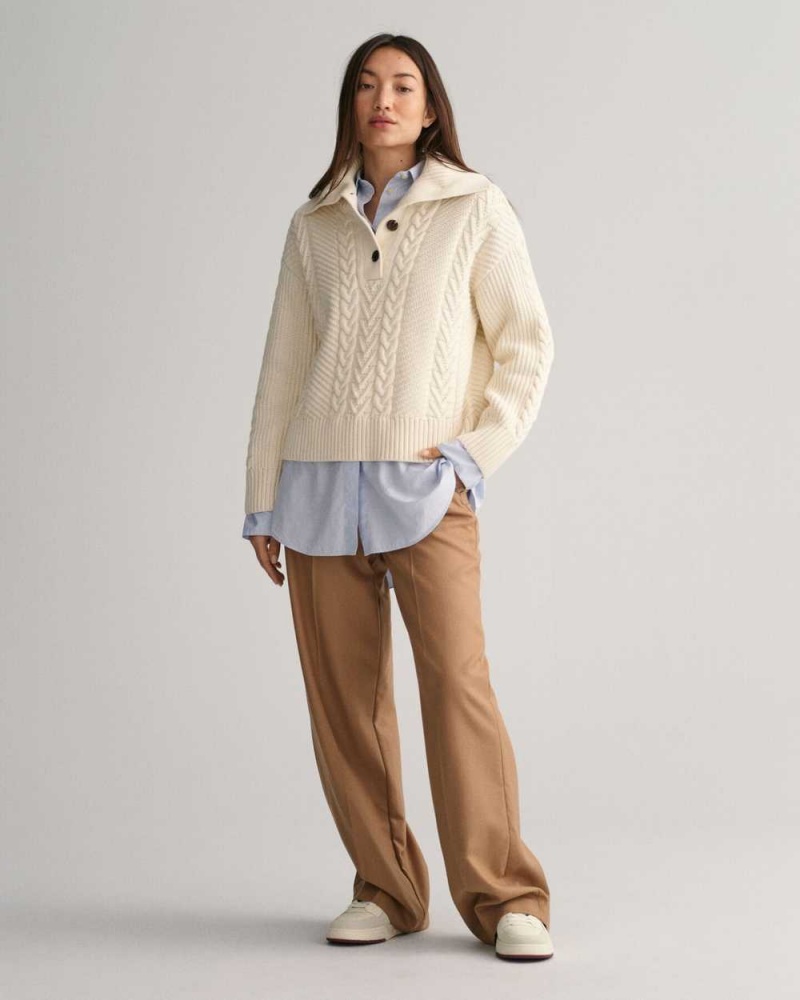 Gant Cable Knit Buttoned Turtleneck Women's Sweater Cream | RVHUM-3918