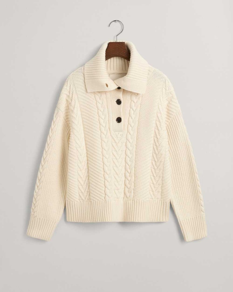 Gant Cable Knit Buttoned Turtleneck Women's Sweater Cream | RVHUM-3918